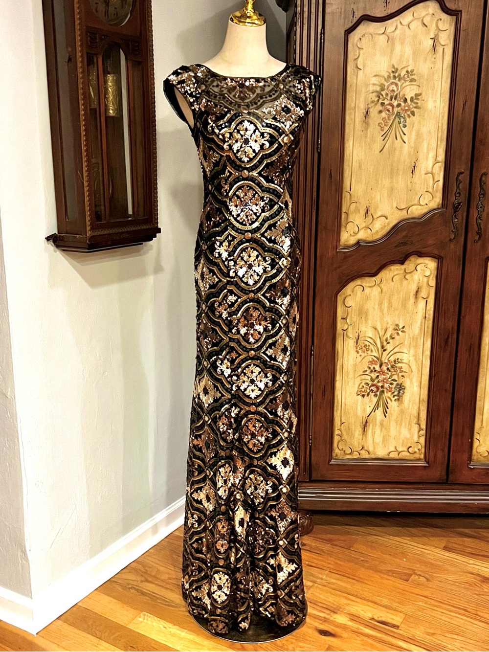 CACHÉ Vintage Beaded Sequin Illusion Neck Formal Evening Gown Black Gold Size 4 - Picture 4 of 16